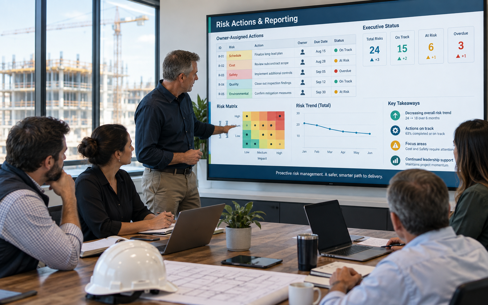 Construction controls professionals reviewing risk actions and reporting